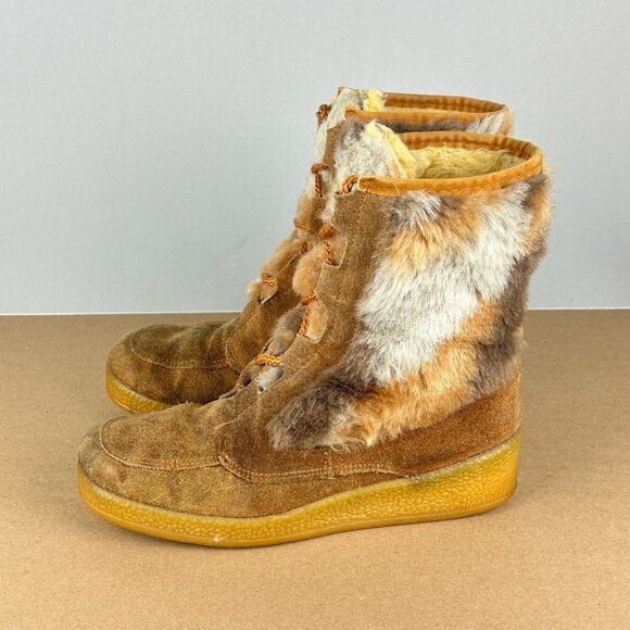 Quoddy Vintage Moccasin Boot Womens 7 Tan Brown White Lace Up Suede Faux Fur - Picture 1 of 11